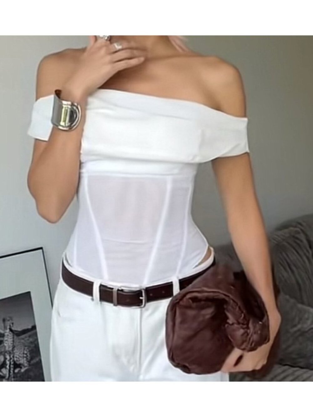 TA3 - L drapey off shoulder corset top Tie back Camisole Bustier eggshell Wht